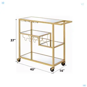 Premium Handmade Metal Beverage Display Cart with Gold Finish Glass Shelves Bottle <b>Rack</b> Smooth Rolling Wheels Elegant Handmade - Product Image 2