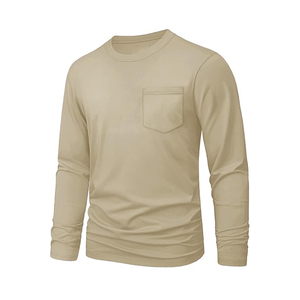 T-shirt en coton uni pour homme, décontracté, col rond, manches longues, nouveau t-shirt à manches longues pour homme avec poche - Product Image 3