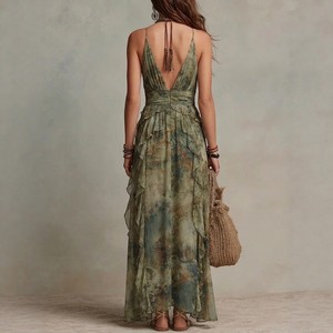 Robe longue en mousseline de soie bohème, robe maxi florale décontractée pour femmes - Product Image 2