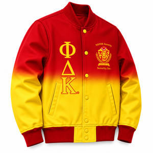 Chaqueta Universitaria de Satén Ombre para Mujer NSPDK Sorority, Chaqueta Letterman con Letras Griegas Bordadas, Botones a Presión, Cuello y Puños de Punto Acanalado - Product Image 4