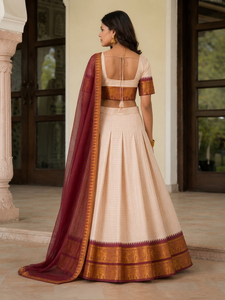 Conjunto de Lehenga Choli tejido con hilo rosa, vestido étnico indio con dupatta con borde color borgoña para MUJERES - Product Image 2