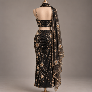 Châle en satin de polyester noir brodé de fleurs, écharpe traditionnelle indienne pour mariage, accessoire ethnique pour femme, idéal pour les fêtes et toutes les saisons - Product Image 2