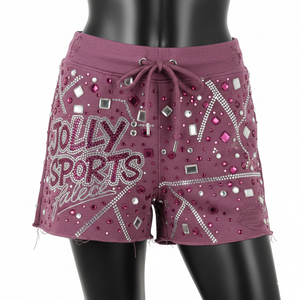 Shorty en molleton de coton et polyester de haute qualité pour femme, couleur mauve, tissu doux brossé, logo en strass et cristaux. - Product Image 4