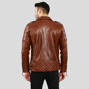 Veste de moto en cuir véritable marron pour homme, coupe ajustée, col rabattu, fermeture éclair, style motard, vêtement d'automne - Product Image 4