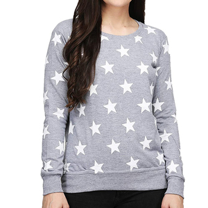 Sweat-shirt gris à col rond pour femme avec imprimé étoile blanche, haut tricoté décontracté à manches longues, vêtement d'automne - Product Image 2