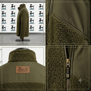 2026 Men's Olive Green Fleece Sherpa Slim <b>Patchwork</b> <b>Jacket</b> Zipper Closure Windproof Winter Casual Outerwear - Product Image 4