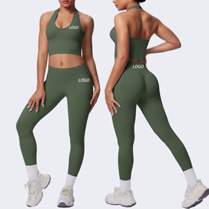 Ensemble de yoga 2 pièces pour femme avec haut dos nu et leggings sans couture taille haute effet push-up, personnalisable avec logo – Tenue de sport athlétique - Product Image 2