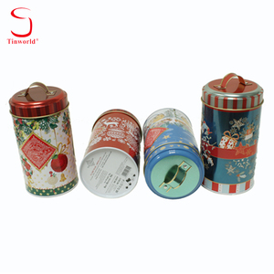 Scatola di Latta Rotonda Cilindrica con Manico in Pelle, Motivo Natalizio Rosso, Personalizzabile per Caramelle e <span class=keywords><strong>Biscotti</strong></span>, Vendita all'Ingrosso OEM - Product Image 2