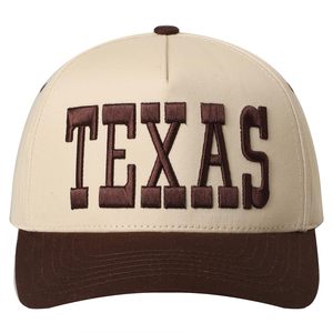 Casquette de baseball unisexe 6 panneaux, visière courbée, broderie 3D lettre Texas, couronne kaki, bord marron - Product Image 1