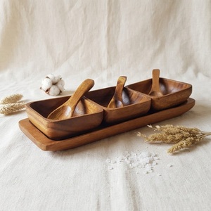 Handcrafted Acacia Wood Serving Bowl Set with <b>Tray</b> and Spoons Eco-Friendly Modern Farmhouse <b>Condiment</b> Server for Snacks - Product Image 1
