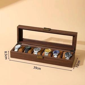 Wood <b>Watch</b> Box Rectangle Glass Lid Faux Suede Interior Snap Closure Dustproof Storage <b>Case</b> for Men Women - Product Image 6
