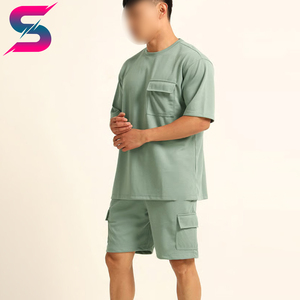 Fully Customized Made Men's Solid Green Cotton T-Shirt and Shorts <b>Set</b> Crew Neck Casual Summer Outfit Breathable <b>Knitted</b> Style - Product Image 3