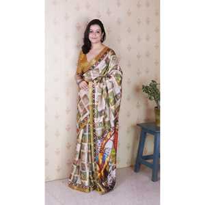 ผ้าไหมทัสซาร์สีทองลายพิมพ์คาลัมคารีแบบหนา สำหรับผู้หญิง พร้อมขอบทอผ้าด้วยไหมซารี - Product Image 6