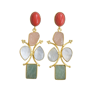 Boucles d'oreilles pendantes artistiques plaquées or avec pierres semi-précieuses, bijoux de mode de créateur en gros - Product Image 1