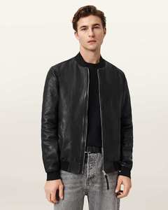 Blouson aviateur en cuir véritable noir pour homme, col montant, fermeture éclair, coupe classique, style moto, vêtement d'automne - Product Image 5