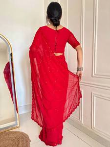 Premium Modern Faux Fur Reversible <b>Saree</b> with Beads Embellishment for Party Wear - Product Image 3
