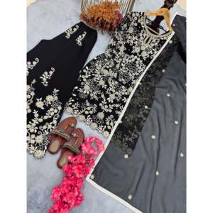 เสื้อ georgette เทียมหนักของผู้หญิง & ชุด plazzo พร้อม Dupatta สำหรับใส่ไปงานปาร์ตี้ - Product Image 4