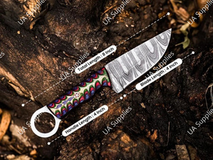 มีดแค้มปิ้งเหล็กดามัสกัสแบบใบมีดหยดน้ำ พร้อมรูสำหรับนิ้วจับ ด้ามไม้แกะสลัก และปลอกไม้ (รับผลิตแบบ OEM/ODM) - Product Image 2