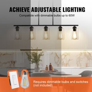 Lampadario a sospensione da cucina a 5 luci da 60W, regolabile con 4 aste, per sala da pranzo, paralume in vetro trasparente, 2 catene in metallo, alimentazione CA - Product Image 5