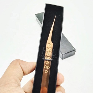 <b>Rose</b> Gold Plasma Color Eyelash Extension Tweezer Straight Point / Heart Grip Design / Single Tweezer <b>Black</b> Card Box Packing Set - Product Image 1