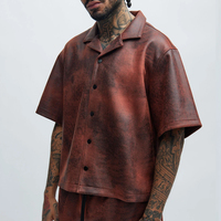 Survêtement en similicuir marron délavé de haute qualité – Streetwear Hip Hop pour hommes – Ensemble à manches courtes avec logo personnalisé
