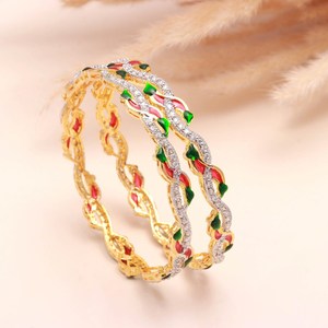 Royal Style Zirconia Enamel Bracelet 22K Gold Plated Brass <b>Kada</b> Indian Bridal Wedding Jewelry Gift - Product Image 3