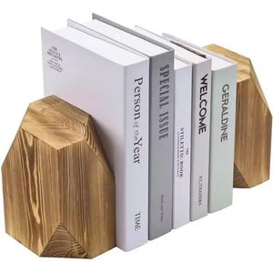 Paire d'entretoises à livres en bois à facettes, design pierre précieuse, grain lisse, modernes, décoratives, artisanales, écologiques, pour la maison contemporaine - Product Image 1
