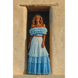 Ocean Blue Set <b>Skirt</b> Shoulder Ruffle Bohemian Dress Natural Waist Party Floor Length Sleeveless Summer Women's Solid Color - Product Image 2
