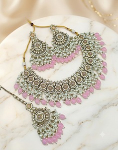 Handcrafted Round Stone Heavy Choker Necklace With Earrings And Mangtika Traditional Ethnic Designer Fashion Jewellery Wholesale - Product Image 6