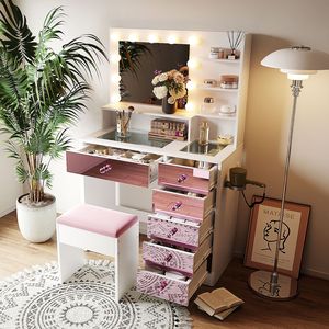 Toeletta Rosa con Finitura Lucida, Piano in Vetro e 11 Lampadine Stile Hollywood, 3 Modalità di Illuminazione, Cassetti e Ripiani - Product Image 3