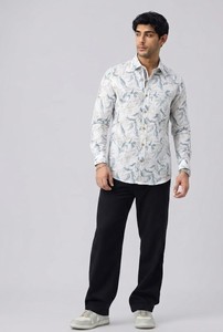 เสื้อเชิ้ตแขนยาวลายดอกไม้สำหรับผู้ชาย ปกคอปก แขนยาว ผ้าลินินระบายอากาศดี ติดกระดุมเม็ดเดียว ผ้าทอสำหรับฤดูร้อน - Product Image 3