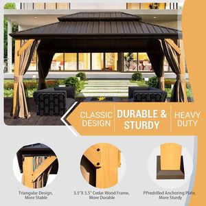 Gazebo da Esterno 12x16FT in Legno di Cedro con Tetto Rigido, Struttura in Acciaio Zincato, Doppio Tetto con Zanzariere e Tende, Padiglione e Pergola - Product Image 5