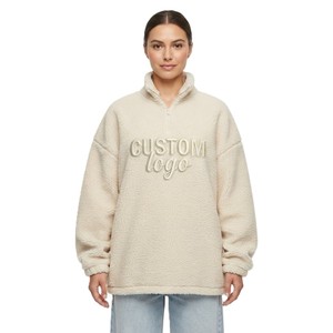 Oversized Sherpa <b>Quarter</b> <b>Zip</b> <b>Women</b> Winter Fleece Pullover Custom Embroidered Sherpa Fleece Premium Hoodies Private Label Vendor - Product Image 3
