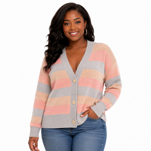 Cardigan en tricot rayé Cosh International à manches longues, col en V, boutonné devant, haut décontracté, couleur bonbon, toutes saisons - Product Image 1
