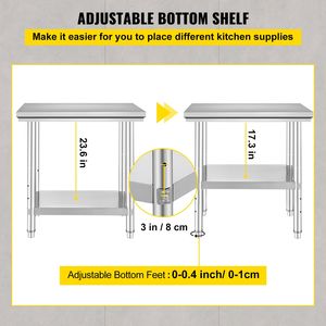 Table de préparation robuste 24 x 30 x 31 pouces, plan de travail en acier inoxydable, capacité de charge de 700 lb avec 3 niveaux de hauteur réglables - Product Image 5