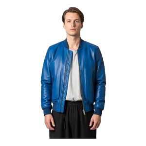 Chaqueta de cuero azul para hombre, estilo bomber, de lujo, con cremallera, moderna, informal, elegante y ligera. - Product Image 1