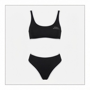 North Approach Women's <b>Black</b> <b>Bikini</b> Set Scoop Neck <b>Bandeau</b> <b>Top</b> With Contrast Binding Hipster Bottoms Solid Color Stretch - Product Image 1