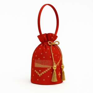 Elegante Bolso Tipo Cubo con Cordones, Diseño Geométrico Jamdani, Hecho a Mano con Cachemira, Ecológico, Ligero, Estilo Bohemio Vintage, para Compras Navideñas - Product Image 2