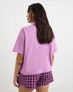 Women's Purple Solid <b>Short</b> Sleeve <b>Top</b> With Plaid <b>Shorts</b> <b>Set</b> O-Neck Loose Fit Casual Spring Summer Wear 100% Cotton - Product Image 3
