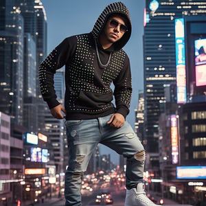 Sudadera con capucha para hombre lavada con ácido de peso pesado personalizada 100% algodón con doble cremallera y estampado digital de diamantes de imitación - Product Image 2