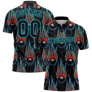 Wholesale Direct industry Best Selling Custom Black Lakes Blue 3D <b>Bowling</b> Ball With Hotrod Flame Performance Polo Shirt - Product Image 1