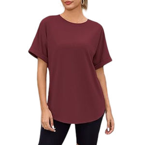 Camisetas de Manga Corta para Mujer, Color Rojo Oscuro, Corte Holgado, Cuello Redondo, con Logotipo Personalizado, Estilo Casual de Verano - Product Image 3