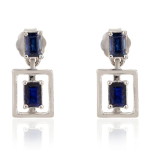 18K White Gold Baguette Blue Sapphire & Diamond Drop Earrings Vintage Geometric Style - Product Image 2