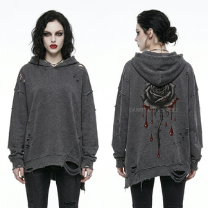 Sweat-shirt d'hiver surdimensionné gris foncé délavé à l'acide, effet usé et déchiré, style streetwear, avec motif rose sang, vente en gros - Product Image 1