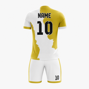 Ensemble de maillots de football personnalisés unisexe, col en V, manches courtes, 100% polyester, évacuation de l'humidité, blanc et jaune, numéro 10 sur le devant - Product Image 3