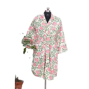 Women's Wear Ethnic Beach Cover Up Indian Handmade Lounge Wear With Wide Kimono Sleeves Cotton Shirt With Tie Belt Wrap Dress