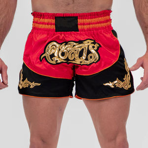 Shorts de fitness en satin taille mi-haute élastiques pour Muay Thai avec logo imprimé numériquement sur le devant pour la boxe et les arts martiaux - Product Image 5