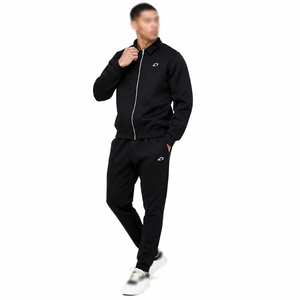 Ensemble de survêtement noir zippé pour homme, coupe oversize, sweat-shirt décontracté à col, pantalon de jogging, logo frontal, couleur unie, automne-hiver, deux pièces, avec capuche - Product Image 1