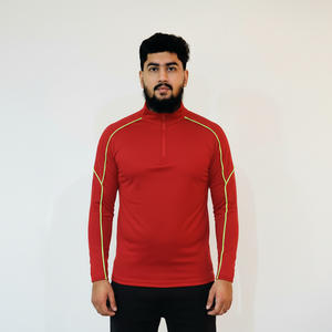 Camiseta Deportiva de Manga Corta con Cierre de Cremallera Roja para Hombre, Costuras en Amarillo en Contraste, Corte Regular, Ropa Deportiva de Verano, Protección UV, Transpirable - Product Image 4