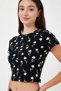 T-shirt court à imprimé floral pour femme, manches courtes, col rond, décontracté, été, respirant, jersey tricoté, 100% coton - Product Image 2